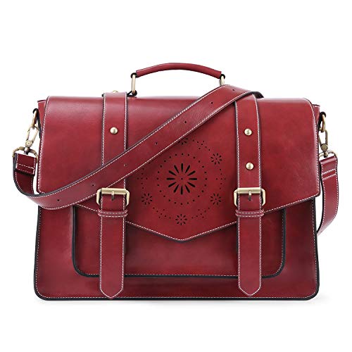 ECOSUSI Aktentasche Damen Laptoptasche 15,6 Zoll Schultertaschen Leder Umhängetasche Vintage groß business taschen Handtasche Arbeitstasche lehrertasche Rot von ECOSUSI
