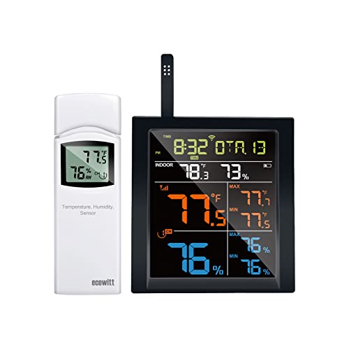 ECOWITT Drahtlose Wetterstation WN1820 mit Gateway, mit 8 Kanälen Temperatur-Feuchtigkeitssensor, Barometersensor, 4,9 Zoll Farb-LCD Digitalkonsole mit Außensensor WN31（WH31） für Haus und Garten von ECOWITT