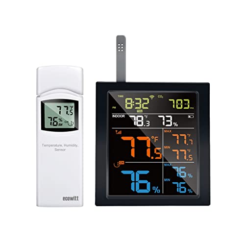 ECOWITT Funk-Wetterstation WN1821, Innenraum-LCD-Display mit CO2-Detektor, Mehrkanal-Temperatur-Feuchtigkeitssensor, Drucksensor, als Gateway, koppelbar mit WS90/ WS80/ 69 von ECOWITT
