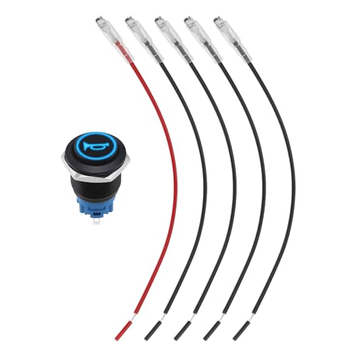 ECSiNG 19mm Momentary Hupenknopf Druckschalter 12V mit vorverdrahtetem Stecker On/Off Hupenknopf Schalter für Auto RV LKW Boot Schwarz Edelstahlgehäuse Blaue LED von ECSiNG