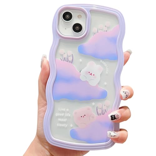 ECZOIL Kompatibel mit iPhone 13/14, süßes Cartoon-Wolkenbär, Kaninchenmuster, Kawaii-Design, weiche TPU-Wellen-transparente Handyhülle für Frauen und Mädchen, Lila von ECZOIL