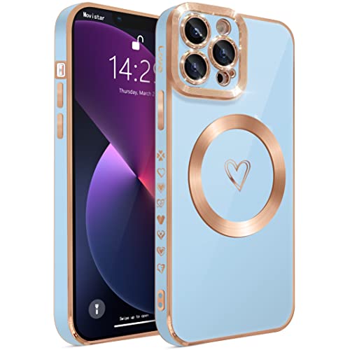 ECZOIL Kompatibel mit iPhone 13 Pro Hülle Case Fall MagSafe,Full Camera Objektiv Schutz Luxus Galvanisierte Nette Herz Magnetische Hülle für iPhone 13 Pro für Frauen Mädchen-Blau von ECZOIL