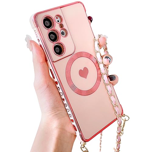 ECZOIL Magnetisch Handykette für Samsung Galaxy S21 Ultra Hülle Kompatibel mit Magsafe Kameraschutz Herz Design Abnehmbar Kordel zum Umhängen Handyhülle Galvanisierte Weich TPU Kameraschutz-Rosa ECZOIL Magnetisch Handykette für Samsung Galaxy S21 Ultra Hülle Kompatibel mit Magsafe Kameraschutz Herz Design Abnehmbar Kordel zum Umhängen Handyhülle Galvanisierte Weich TPU Kameraschutz-Rosa von ECZOIL