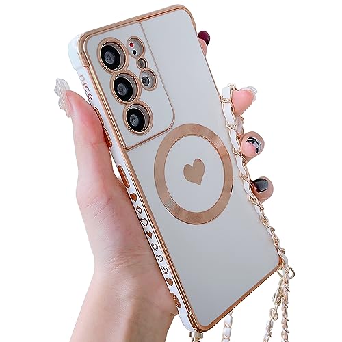 ECZOIL Magnetisch Handykette für Samsung Galaxy S21 Ultra Hülle Kompatibel mit Magsafe Kameraschutz Herz Design Abnehmbar Kordel zum Umhängen Handyhülle Galvanisierte Weich TPU Kameraschutz-White ECZOIL Magnetisch Handykette für Samsung Galaxy S21 Ultra Hülle Kompatibel mit Magsafe Kameraschutz Herz Design Abnehmbar Kordel zum Umhängen Handyhülle Galvanisierte Weich TPU Kameraschutz-White von ECZOIL