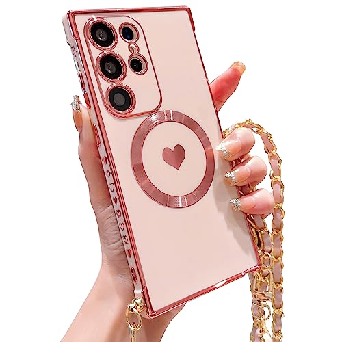 ECZOIL Magnetisch Handykette für Samsung Galaxy S22 Ultra Hülle Kompatibel mit Magsafe Kameraschutz Herz Design Abnehmbar Kordel zum Umhängen Handyhülle Galvanisierte Weich TPU Kameraschutz-Rosa ECZOIL Magnetisch Handykette für Samsung Galaxy S22 Ultra Hülle Kompatibel mit Magsafe Kameraschutz Herz Design Abnehmbar Kordel zum Umhängen Handyhülle Galvanisierte Weich TPU Kameraschutz-Rosa von ECZOIL