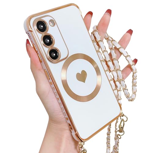 ECZOIL Magnetisch Handykette für Samsung Galaxy S23 Hülle Kompatibel mit Magsafe Kameraschutz Herz Design Abnehmbarr Kordel zum Umhängen Handyhülle Galvanisierte Weich TPU Kameraschutz-White von ECZOIL