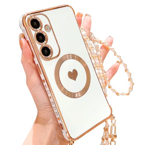 ECZOIL Magnetisch Handykette für Samsung Galaxy S24 Hülle Kompatibel mit Magsafe Kameraschutz Herz Design AbnehmbarKordel zum Umhängen Handyhülle Galvanisierte Weich TPU Kameraschutz-Weiß ECZOIL Magnetisch Handykette für Samsung Galaxy S24 Hülle Kompatibel mit Magsafe Kameraschutz Herz Design AbnehmbarKordel zum Umhängen Handyhülle Galvanisierte Weich TPU Kameraschutz-Weiß von ECZOIL