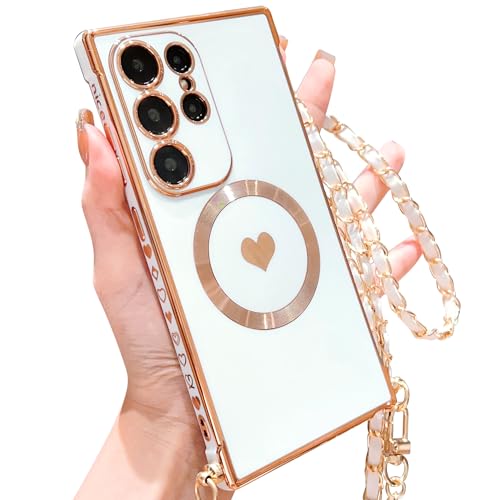 ECZOIL Magnetisch Handykette für Samsung Galaxy S24 Ultra Hülle Kompatibel mit Magsafe Kameraschutz Herz Design AbnehmbarKordel zum Umhängen Handyhülle Galvanisierte Weich TPU Kameraschutz-Weiß ECZOIL Magnetisch Handykette für Samsung Galaxy S24 Ultra Hülle Kompatibel mit Magsafe Kameraschutz Herz Design AbnehmbarKordel zum Umhängen Handyhülle Galvanisierte Weich TPU Kameraschutz-Weiß von ECZOIL