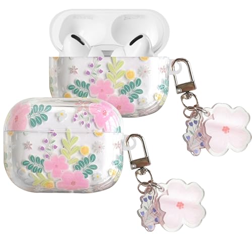 ECZOIL Niedliche Hülle, kompatibel mit AirPods Pro 2. / 1. Generation, niedliches Blumenmuster, weich, transparent, TPU-Kopfhörer-Schutzhülle mit Blumen-Schlüsselanhänger von ECZOIL