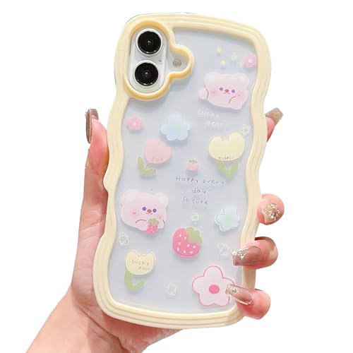 ECZOIL Wellig Hülle für iPhone 16, Niedliche Aesthetic Curly Handyhülle mit Blumen Bär Muster Transparent Design TPU Bumper Schutzhülle für Frauen Mädchen Girls - Gelb von ECZOIL