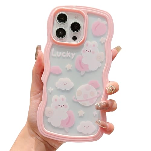 ECZOIL Wellig Hülle für iPhone 16 Pro, Niedliche Aesthetic Curly Handyhülle mit Planet Kaninchen Muster Transparent Design TPU Bumper Schutzhülle für Frauen Mädchen Girls - Rosa von ECZOIL