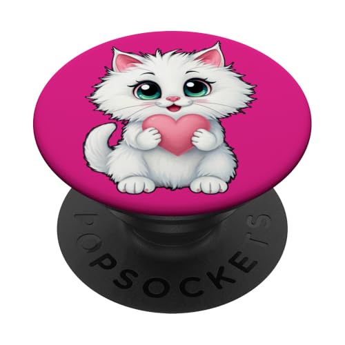 Niedliche weiße Katze hält ein Herz 1 – Fan Fun PopSockets Klebender PopGrip von EDDArt