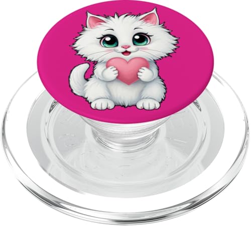 Niedliche weiße Katze hält ein Herz 1 – Fan Fun PopSockets PopGrip für MagSafe von EDDArt