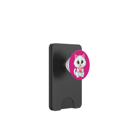 Niedliche weiße Katze hält ein Herz 1 – Fan Fun PopSockets PopWallet für MagSafe von EDDArt