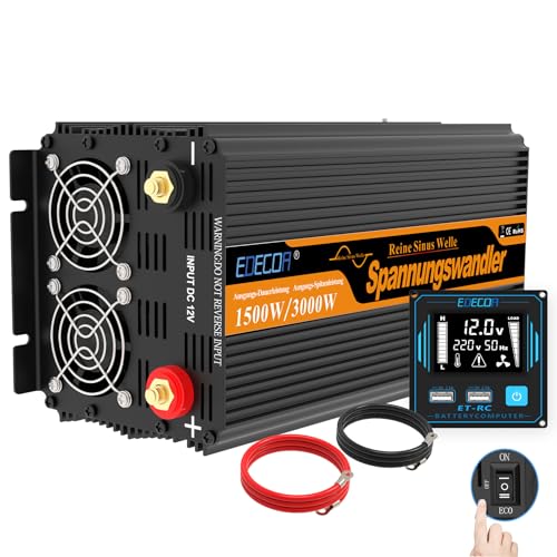 EDECOA Spannungswandler 12v 230v Wechselrichter 12 auf 230v Reiner Sinus 1500w Konverter mit Fernbedienung LCD und 2 USB Wandler (1500w 12v) von EDECOA