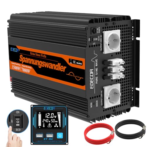 EDECOA Wechselrichter 12v auf 230v Reine Sinus Spannungswandler 3500W und LCD-Bildschirm mit Fernbedienung 2X USB für Wohnmobil solaranlage Power Inverter (Neuer Fernbediener) von EDECOA