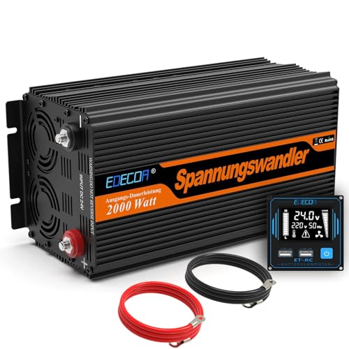 EDECOA Wechselrichter 2000w 24v 230v Spannungswandler mit Neuer Fernbedienung 2X USB und Bildschirm LCD für Sonnenkollektor KFZ Wohnmobi Modifizierte Sinus von EDECOA