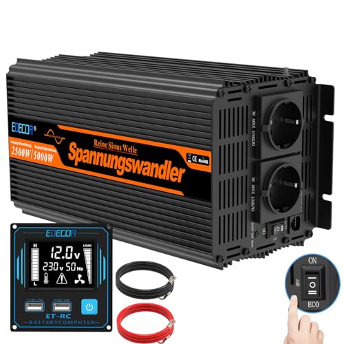 EDECOA Wechselrichter 2500w Reiner Sinus Spannungswandler 12v 230v LCD 2X USB und Fernbedienung wandler 2500w und kurzfristige Spitze 5000w Inverter von EDECOA