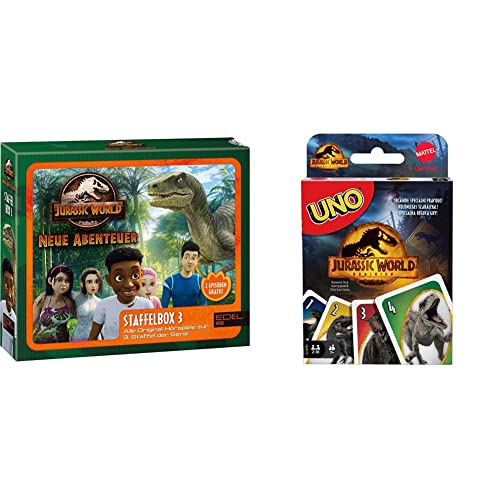 Jurassic World - Neue Abenteuer: Alle Original-Hörspiele zur 3. Staffel - [Hörspiel-Staffelbox mit 3 CDs] & Mattel Games GXD72 - UNO Jurassic World Dominion Kartenspiel mit Themendeck und Sonderregel von EDEL