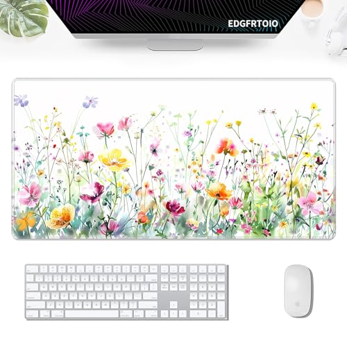 EDGFRTOIO Gaming-Mauspad, Tastatur-Mauspad, 80 x 40 cm, XXL, große Computer-Laptop-Tischunterlage mit rutschfester Gummiunterseite und genähtem Rand, für Heimbüroarbeit, Aquarell-Wildblumen von EDGFRTOIO