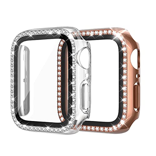 EDIMENS 2 Packungen Harte PC-Hülle mit integriertem 9H-Displayschutz aus gehärtetem Glas, kompatibel mit Apple Watch Serie 6/5/4/SE, 40 mm, Bling Strass Gesichtsabdeckung für iWatch 40 mm SE, Damen, von EDIMENS