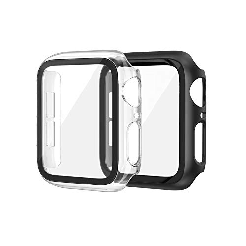EDIMENS 2er Pack Hard PC Case Kompatibel mit Apple Watch Series 6 / SE / 5/4 44mm Damen Herren, Overall PC Case Slim Hartglas Displayschutz Schutzhülle für Apple iWatch 44mm SE Klar/Schwarz von EDIMENS