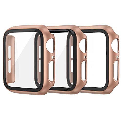 EDIMENS 3-Stück Hartes PC-Gehäuse mit Hartglas Glas Displayschutz Voller Ultradünner Puffer Schutzhülle Kompatibel mit Apple Watch Series 6/5 / 4 / SE 40mm für iWatch Frauen Männer, Roségold von EDIMENS