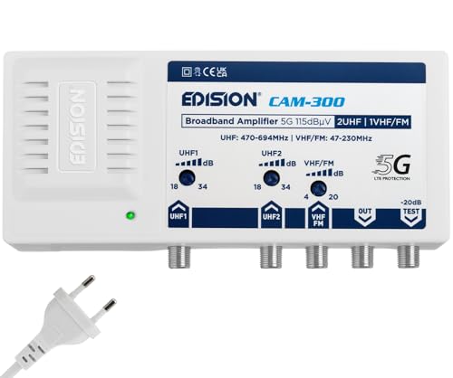 EDISION CAM-300 Mehrbereichsverstärker 2UHF, 1VHF/FM, 18-34db, 115dBmV, geeignet für Kabelfernsehen, Terrestrisch DVB-T/T2 und Radio, 5G LTE Filter, Frequenzbereich UHF 470-694Mhz, VHF/FM 47-230MHz von EDISION