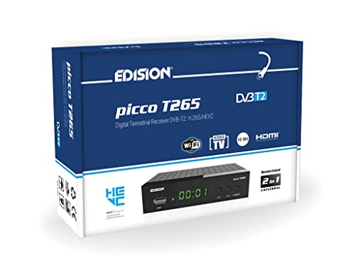 EDISION Picco T265 Full HD H.265 HEVC terrestrischer FTA Receiver T2, (1x DVB-T2, USB, HDMI, SCART, S/PDIF, IR Auge, USB Support, 2in1 Fernbedienung, Schwarz) von Edision