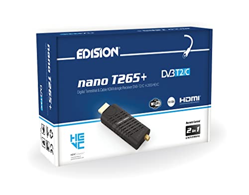 Edision Nano T265+ Terrestrischer DVB-T2 und Kabel DVB-C HDMI dongle Receiver, H265 HEVC, FTA, Full HD, PVR, USB, HDMI, IR, USB WiFi Support, Universal 2in1 Fernbedieung, Schwarz von EDISION