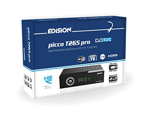 Edision Picco T265 pro Terrestrischer & Kabel Receiver DVB-T2/C H265 HEVC FTA Full HD PVR, USB, HDMI, SCART, S/PDIF, IR-Auge, USB WiFi Support, Universal 2in1 Fernbedieung, 2in1 Netzteil Schwarz von EDISION