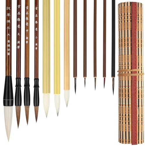 EEEKit Chinesische Kalligraphie Pinsel, Mischgröße Japanische Kanji Sumi Pinsel für Anfänger, 12 Stück mit Pinseltasche von EEEKit