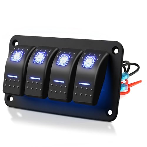 EEEKit 4 Gang Wippschalter Panel 12V/24V Schalter Panel 5 Polig EIN Aus Wasserdicht Kippschalter Panel mit Blauem LED Licht Schaltplan Gummiunterlegscheibe für Auto RV Marine Boot Wohnmobil Fahrzeuge von EEEKit