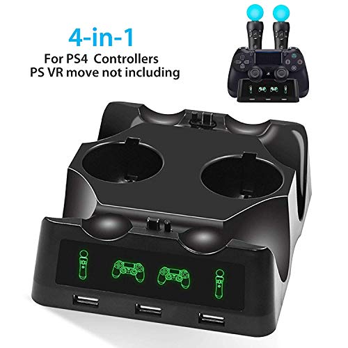 EEEkit 4 in 1 PS4 Controller Ladestation, PS4 Move Controller Ladegerät mit LED-Anzeige und drei USB-Buchsen, Quad-Ladegerät für PS4 / PS VR/Move Motion Controller von EEEKit