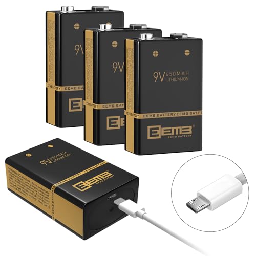 EEMB Wiederaufladbare 9V Batterie 650mAh mit USB Ladekabel 4-Pack Lithium Li-Polymer Wiederaufladbare Batterien für Tastatur Mikrofon Rauchmelder/Detektor Gitarre Kameras Spielzeug(4) von EEMB