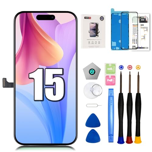 EFAITHFIX Ersatzbildschirm für iPhone 15, 6,1 Zoll LCD-Bildschirm, 3D-Touch-Display, Full-HD-Digitalisierer, Rahmenmontage (A2846, A3089, A3090, A3092) mit Reparaturwerkzeug-Set, Displayschutzfolie, von EFAITHFIX