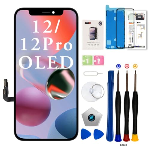 EFAITHFIX Ersatzbildschirm für iPhone 12/12 Pro, OLED [kein LCD] 6,1 Zoll Bildschirm 3D Touch Display Digitizer Full HD Bildschirm Rahmen Montage mit Reparaturwerkzeug-Set, wasserdicht, selbstklebend, von EFAITHFIX