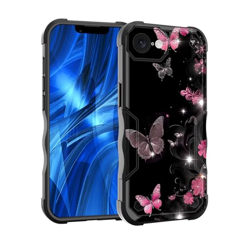 EFGWSDER Schutzhülle für iPhone 16e, zweilagig, 3 m Fallschutz in Militärqualität, strapazierfähig, stoßfest, für iPhone 16e 15,5 cm (6,1 Zoll), Schmetterlinge und Blumen von EFGWSDER