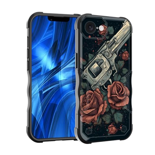 EFGWSDER Schutzhülle für iPhone 16e, zweilagig, 3 m Fallschutz in Militärqualität, strapazierfähig, stoßfest, für iPhone 16e 15,5 cm (6,1 Zoll) 2025, Waffen und Rosenblüten von EFGWSDER