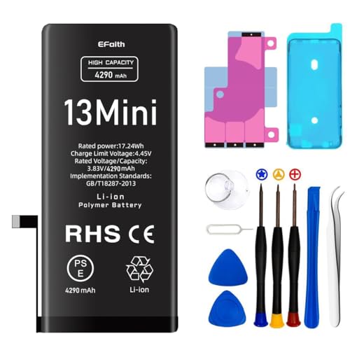 EFaith Akku für iPhone 13Mini 4290mAh Ersatzakku Hohe Kapazität 0 Zyklen mit Professionelle Reparatur-Werkzeugsets und Kleber für Modell A2481, A2626, A2629, A2630, A2628 EFaith Akku für iPhone 13Mini 4290mAh Ersatzakku Hohe Kapazität 0 Zyklen mit Professionelle Reparatur-Werkzeugsets und Kleber für Modell A2481, A2626, A2629, A2630, A2628 von EFaith