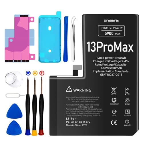 EFaith Akku für iPhone 13Pro Max 5900mAh Ersatzakku Hohe Kapazität 0 Zyklen mit Professionelle Reparatur-Werkzeugsets und Kleber für Modell A2484, A2641, A2644, A2645, A2643 EFaith Akku für iPhone 13Pro Max 5900mAh Ersatzakku Hohe Kapazität 0 Zyklen mit Professionelle Reparatur-Werkzeugsets und Kleber für Modell A2484, A2641, A2644, A2645, A2643 von EFaith