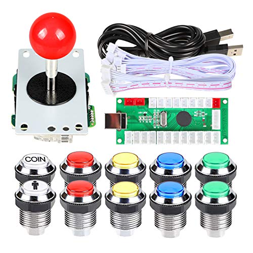 EG STARTS 1 Spieler Klassische Arcade DIY Kits USB Encoder zu PC Joystick + 8 Möglichkeiten Stick + Verchromt LED beleuchtete Push Button & Münze Tasten für Arcade Mame Raspberry Pi 2 3 3B Spiele von EG STARTS