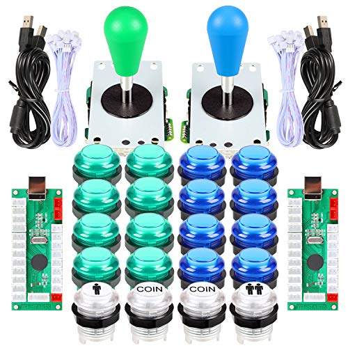 EG STARTS 2 Spieler LED Arcade DIY Teile 2X USB Encoder + 2X Ellipse Oval Style Joystick + 20x LED Arcade Tasten für PC MAME Raspberry Pi Windows System (Blaues & Grünes Kit) von EG STARTS