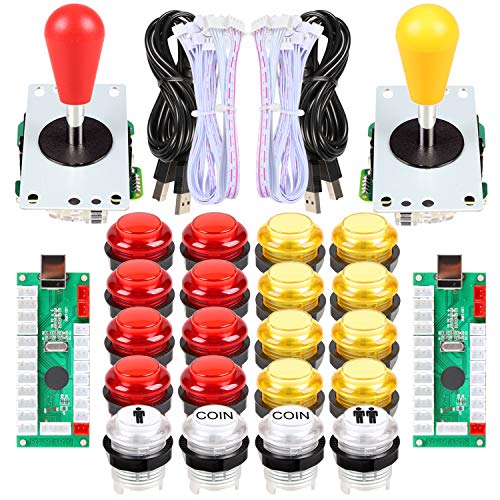 EG STARTS 2 Spieler LED Arcade DIY Teile 2X USB Encoder + 2X Ellipse Oval Style Joystick + 20x LED Arcade Tasten für PC MAME Raspberry Pi Windows System (Rote & Gelb kit) von EG STARTS