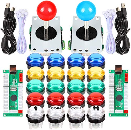 EG STARTS Arcade Classic DIY Kit Teile 2x USB-LED-Encoder zu PC Konsolen Spiele + 2x 4/8 Wege Joystick + 20x 5V beleuchtete Tasten für Mame Jamma (rot / blau Stick + MIX Farbtasten) von EG STARTS
