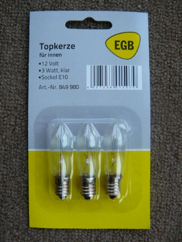 3 Stück Topkerze, Riffelkerze für Lichterkette 12V, 3W, Fassung E10 von EGB