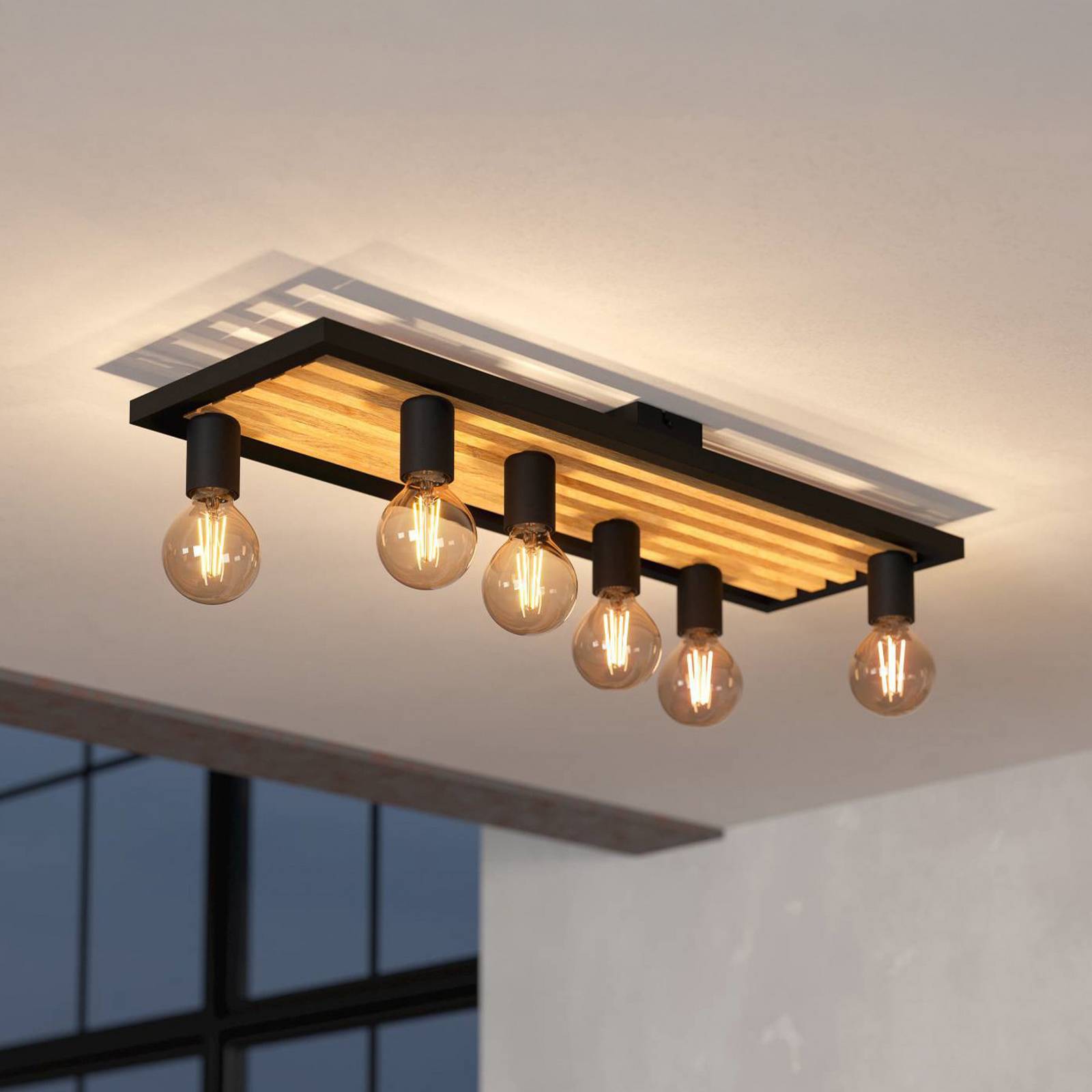 Deckenlampe Consett, schwarz/braun, Holz, 78 cm, 6-flg., E27 Deckenlampe Consett, schwarz/braun, Holz, 78 cm, 6-flg., E27 von EGLO