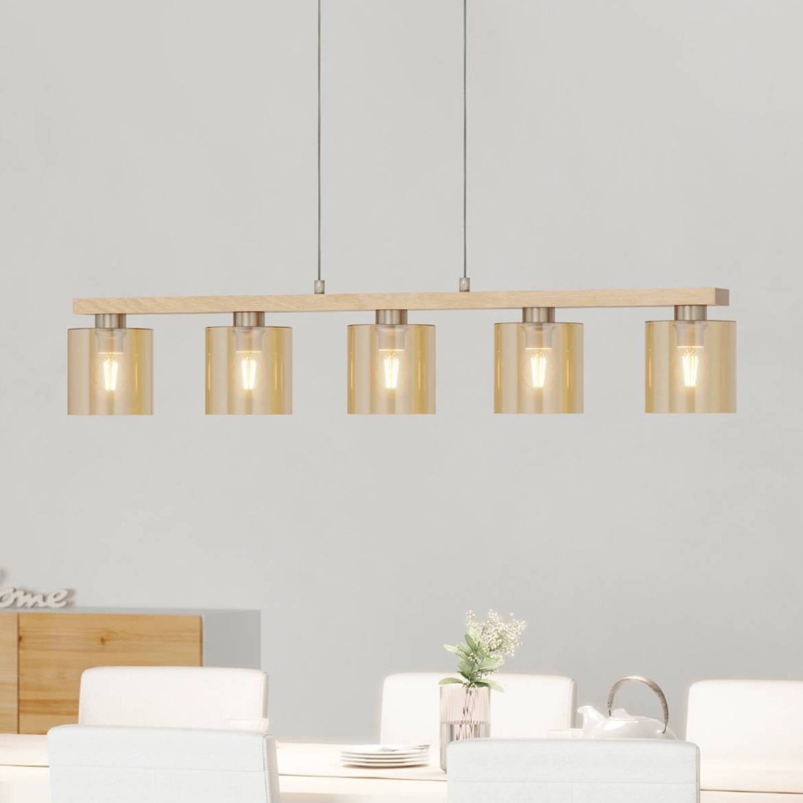 Hängelampe Castralvo, Länge 115 cm, holz/amber, 5-flg., Glas Hängelampe Castralvo, Länge 115 cm, holz/amber, 5-flg., Glas von EGLO