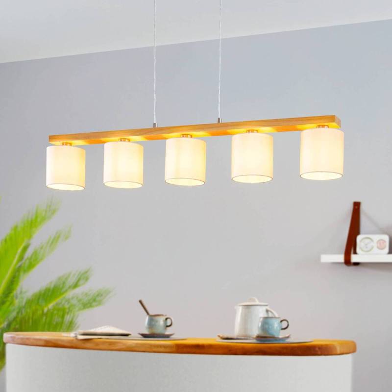 Hängelampe Castralvo, Länge 115 cm, holz/weiß, 5-flg., Stoff von EGLO