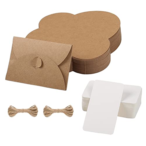80 Stück Mini Kraftpapier Umschläge mit 80 Stück Blanko Papier Karten und Jute Schnur, Mini Briefumschläge mit Herz Verschluss für Grußkarte Geschenkkarte (10 * 7cm) von EGOSKY